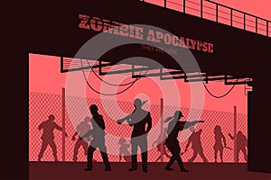 Poster Zombie apocalypse. Silhouettes of gunmans and dead peoples on bridge background. Video game: shooter