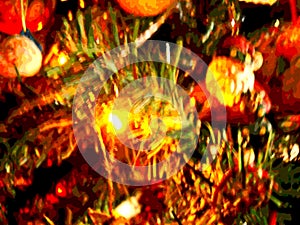 Posterized goldish light and Santa on Christmas tree