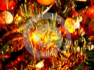 Posterized goldish light and Santa on Christmas tree photo