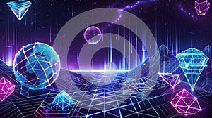 Posters with 3D wireframe globes, torus, and diamond shape elements on mesh landscape background. Set of retro