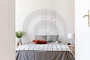 Posters above grey bed with patterned blanket and red pillow in