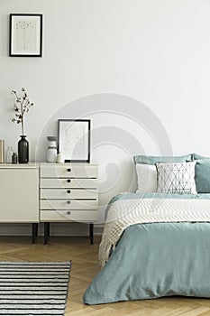 Posters and cabinet with plant in white bedroom interior with bl