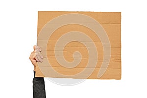 Posters of cardboard in his hands. Isolated on white. Copy space.