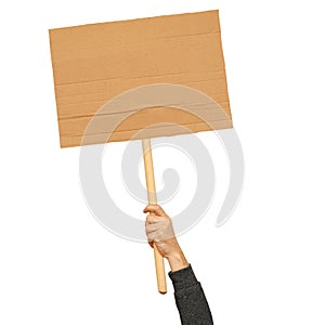 Posters of cardboard in his hands. Isolated on white. Copy space.