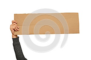 Posters of cardboard in his hands. Isolated on white. Copy space.