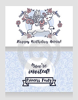 Posters for cute birthday paty with  unicorn and floral frame