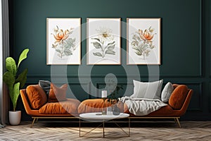 Posters on dark green wall, orange couch in modern interior design