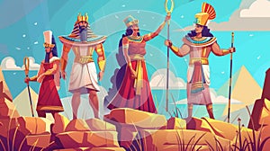 Posters with Egyptian gods Amun Ra, Horus, Pharaoh, and queen Cleopatra in royal clothes holding divine power staffs in