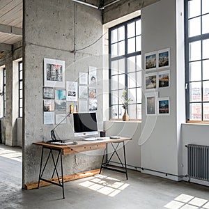 Posters on Grey Wall Above Wooden Desk photo