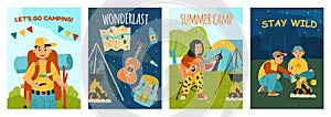 Posters for kids summer camp with adventure hiking and camping for boys and girls