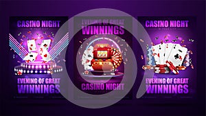 Posters with podium with red slot machine, playing cards and poker chips. Casino night, set of invitation posters