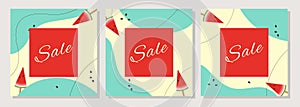 Posters template Sale with watermelon slice, red and green background boho style, promotional banners set.