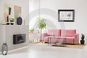 Posters on walls in Scandi sitting room interior with pink velvet couch, fresh plants, fireplace and decor