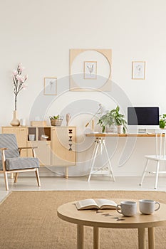 Posters on white wall above desk with desktop computer next to c