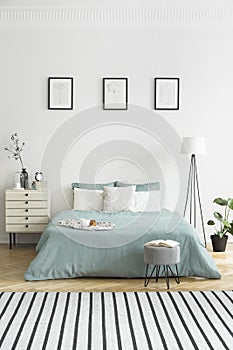 Posters on white wall above green bed in bedroom interior with s