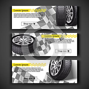 Posters for your business. Vector realistic 3d car tires illustration for your store on checkered flag background. Black rubber
