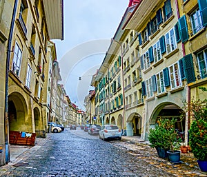 Postgasse street and its residential multi-storey houses with walking arcades, Bern, Switzerland