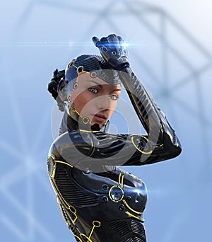 Posthuman futuristic female Cyborg with artificial body modifications
