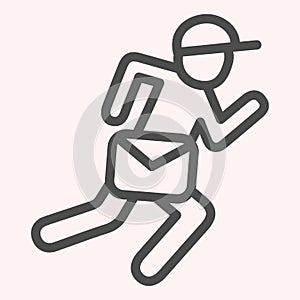 Postman with bag line icon. Mail worker person, running man, courier. Postal service vector design concept, outline