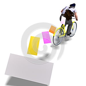 Postman on a bike with invitations. 3D rendering