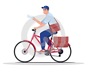 Postman on bike semi flat RGB color vector illustration