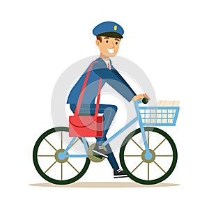 Postman In Blue Uniform On a Bicycle Delivering Mail, Fulfilling Mailman Duties With A Smile