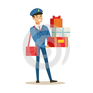 Postman In Blue Uniform Delivering Holiday Gifts And Mail, Fulfilling Mailman Duties With A Smile