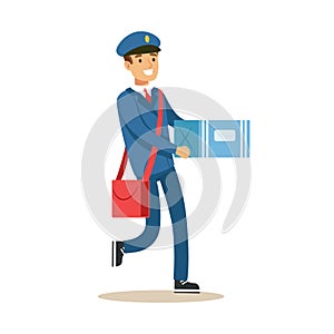 Postman In Blue Uniform Delivering Mail, Carrying A Carton Bax Parcel, Fulfilling Mailman Duties With A Smile