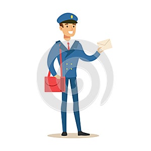 Postman In Blue Uniform Delivering Mail Holding A Letter, Fulfilling Mailman Duties With A Smile