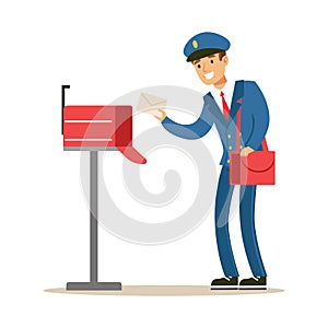 Postman In Blue Uniform Delivering Mail, Putting Letters In Mailbox, Fulfilling Mailman Duties With A Smile