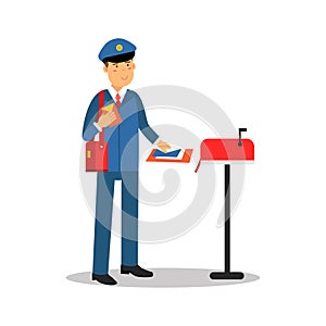 Postman in blue uniform putting letters in mailbox, cartoon character vector Illustration