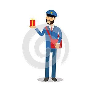 Postman in blue uniform with red bag delivering gift box cartoon character, express delivery mail vector Illustration