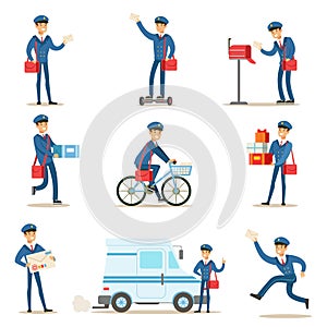 Postman In Blue Uniform With Red Bag Delivering Mail And Other Packages, Fulfilling Mailman Duties With A Smile Set Of