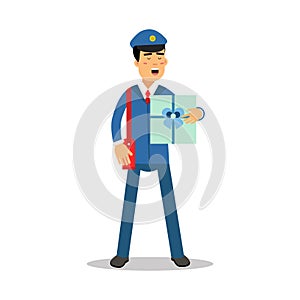 Postman in blue uniform with red bag holding gift box parcel cartoon character, express delivery mail vector