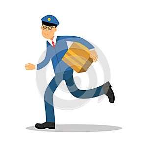 Postman in blue uniform running delivering parcel cartoon character, express delivery mail vector Illustration