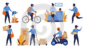 Postman. Cartoon delivery worker character shipping parcels, walking with mail and riding. Vector express delivery and