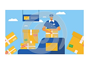 Postman character packaging postal parcel, professional mailman incase pasteboard box flat vector illustration, isolated