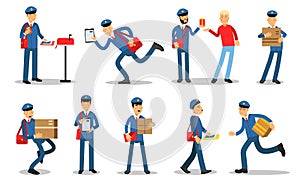 Postman characters in different situations set. Mailmen in different situations doing their job cartoon vector