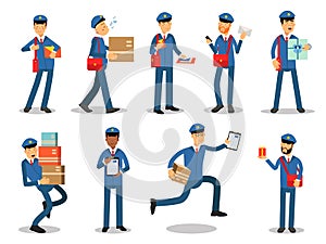 Postman characters doing their job set. Cheerful mailmen in different situations cartoon vector Illustrations