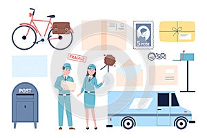 Postman characters, male female post workers in uniform. Parcels, letters and envelopes. Isolated post icons, delivery