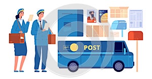 Postman characters. Postal mailman, woman man in uniform send envelopes. Post office equipment parcel letter, delivery