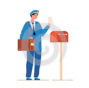 Postman deliver mail. Mailed service, mailman with bag delivering letter in mailbox. Man in blue uniform with envelope