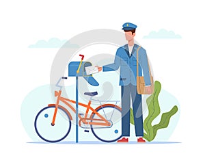 Postman deliver mail. Mailman in blue uniform and bicycle with bag delivering letters in mailbox, envelope and parcel