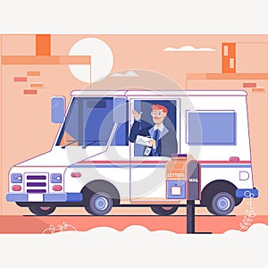 Postman delivering letters to mailbox of recipient.Smiling truck driver in the car. Flat vector illustration