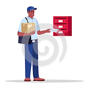 Postman delivering mail and parcel semi flat RGB color vector illustration