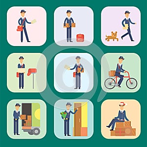 Postman delivery man cards character vector courier occupation carrier cute male package transportation.