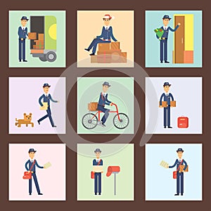 Postman delivery man cards character vector courier occupation carrier cute male package transportation.
