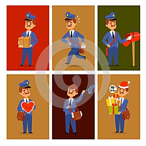 Postman delivery man character vector cards courier occupation carrier package mail shipping deliver professional people