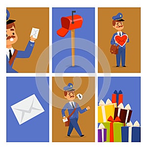 Postman delivery man character vector cards courier occupation carrier package mail shipping deliver professional people