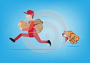 Postman The delivery man was bitten by a dog. ran away in shock flat style cartoon illustration vector